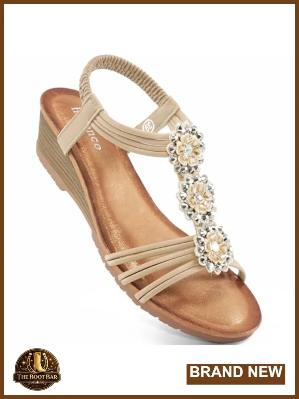 Wedge Sandals with Rhinestone Floral Strap & Elastic Slingback 1.88